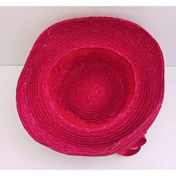 Red Straw Satin Summer Church Hat Lg Red Satin Tied Back Bow Wide Brim Bell main image 7
